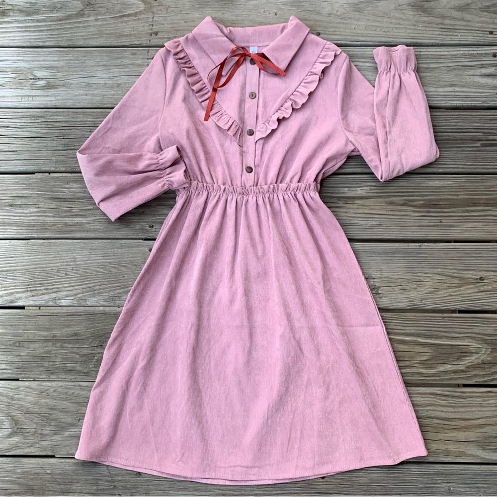 YesStyle Dusty Pink Ruffle-Collar Long Sleeve Dress